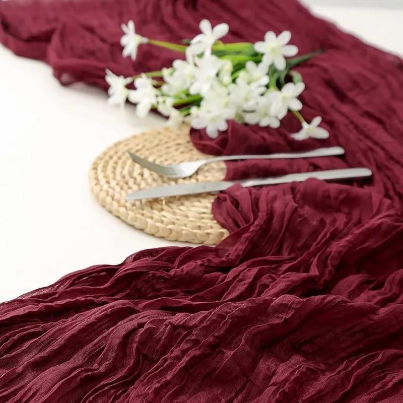 8pcs Wine Red Table Runner Rustic Burgundy Cheesecloth Table Runner For Wedding Birthday Party Christmas Tablecloth Overlay Deco