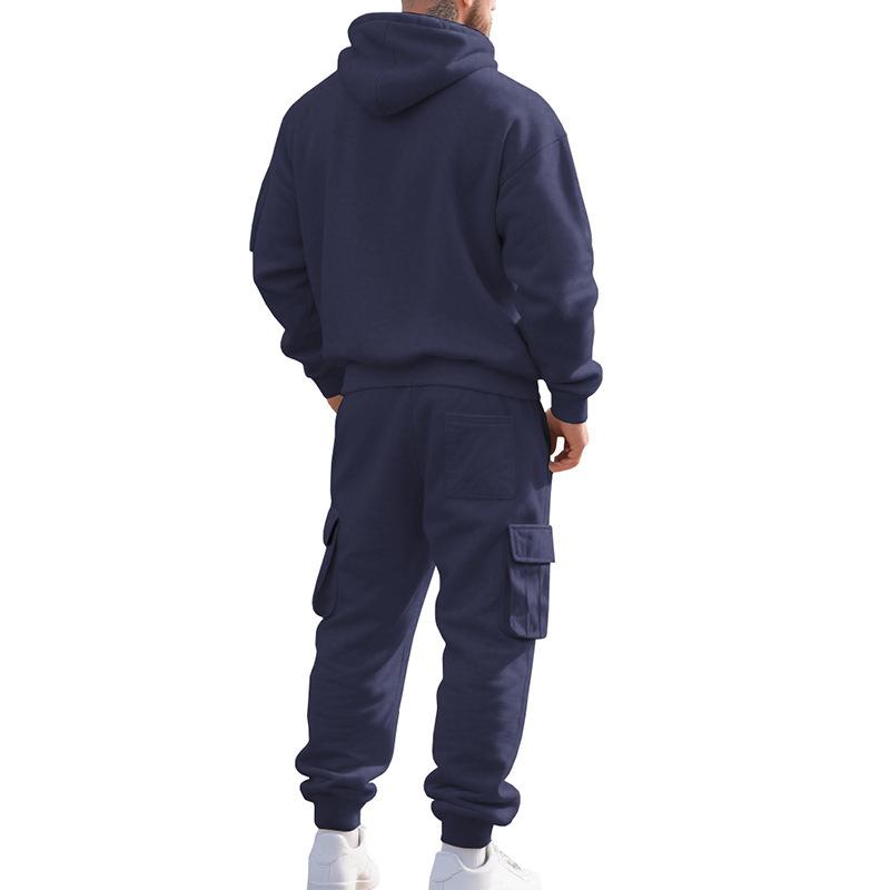 Mens Warm Thick Multiple Pockets Hooded Sweatshirt And Cuffed Sweatpants Two Piece Sports Set