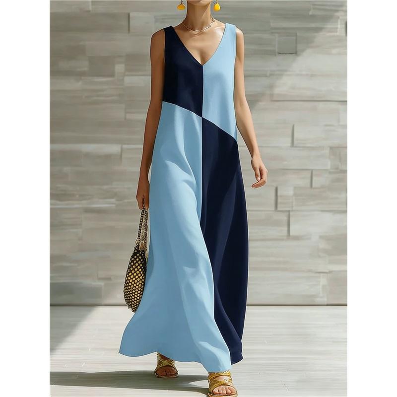 Women Color Block Sleeveless Maxi Dress Deep V Neck Loose Summer Casual Long Dress L синий