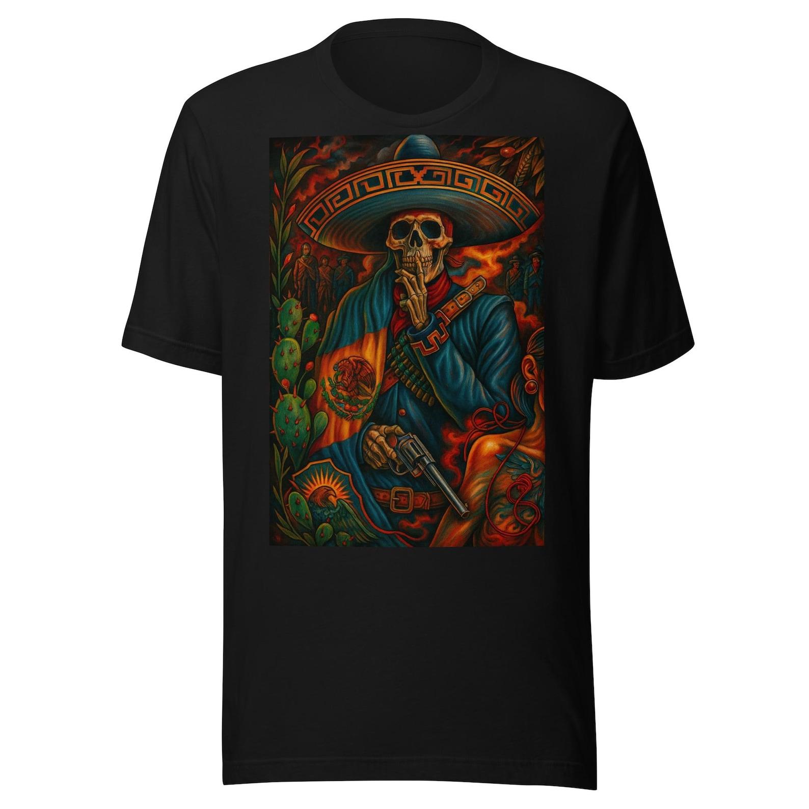 Mexican Skull Revolutionary Art – Calavera with Sombrero, Flag & Cinematic Fir Unisex t-shirt L