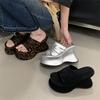 Fashion Eilyken Design Style Pleated Leopard Print  Platform Wedges Women's Slippers Summer Open Toe Chunky High Heels Party Slide Shoes
