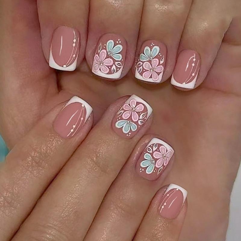 

24Pcs Easy Apply False Nail with French Pink Floral Glittering Design Comfortable Wear Press stick Nail 1