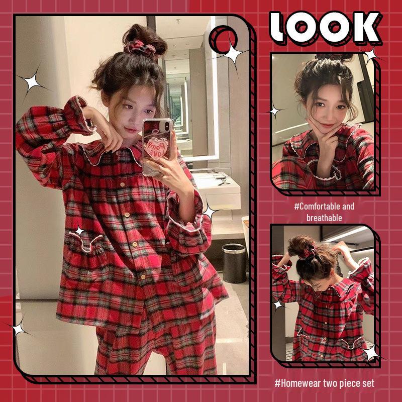 

2024 Красная клетчатая пижама с кукольным воротником для женщин - Домашняя и уличная одежда с длинным рукавом L