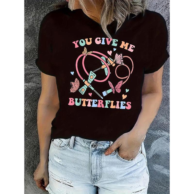 Women s Heart Butterfly Letter Print Tee Round Neck Short Sleeve Casual Summer Top S чёрный