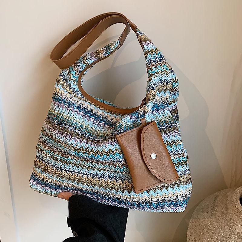 Large Capacity Rainbow Straw Woven Tote Bag - Stylish Shoulder Commuter Bag with Lazy Chic Versatility