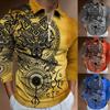 Fashion Men's Sweatshirt Zip Casual Men's Wolf Digital Print Long Sleeve Polo