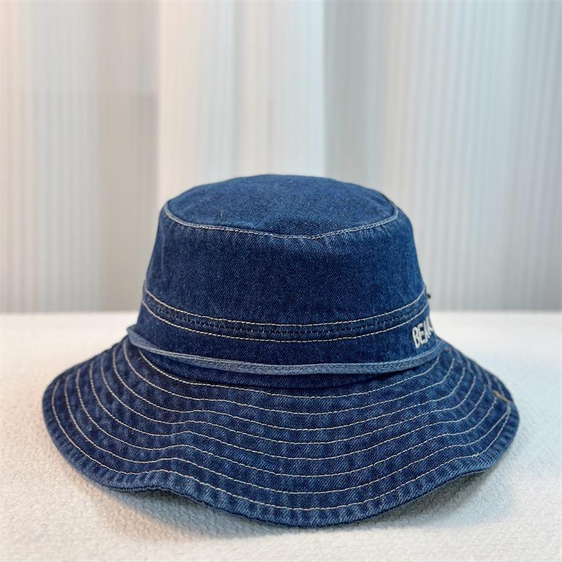 Women Denim Bucket Hat Solid Color Summer Sun Protection Hat Wide Brim Fisherman Cap for Outdoor Travel Beach