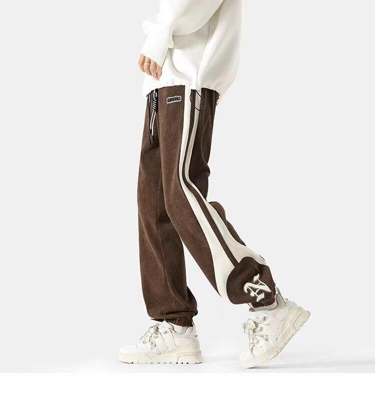 Men's Autumn Corduroy Contrast Color Sweatpants Vintage Warm Track Pants Streetwear Loose Casual Stripe Trousers