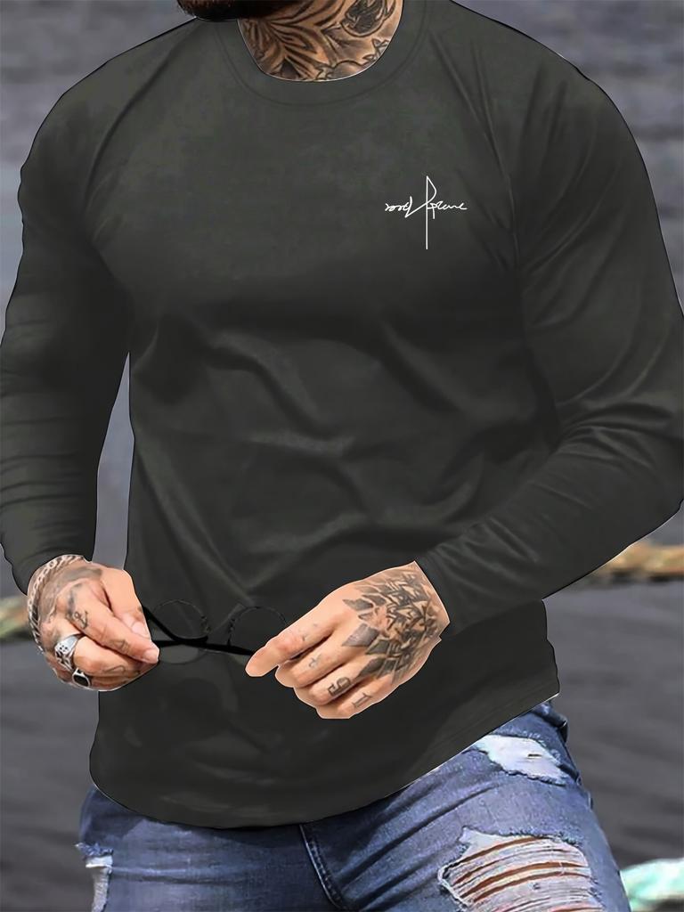 Men's loose fit comfortable sports and leisure cross letter pattern printed round neck long sleeved T-shirt top