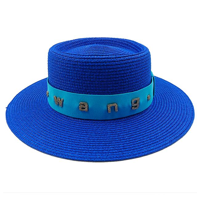 

2022 new rhinestone RB letter flat top hat sunscreen black and white straw hat top hat holiday straw hat M55-58cm