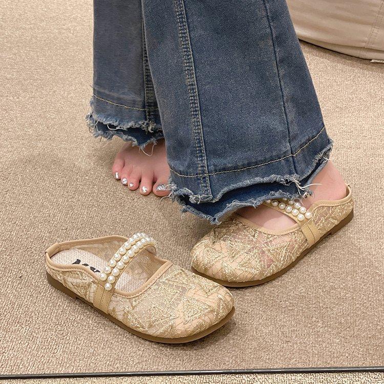 Baotou Halbschuhe Damen Sommerkleidung Lazy Drag 2024 neue koreanische Version Mesh hohl kühlende Hausschuhe flache Doudou-Schuhe