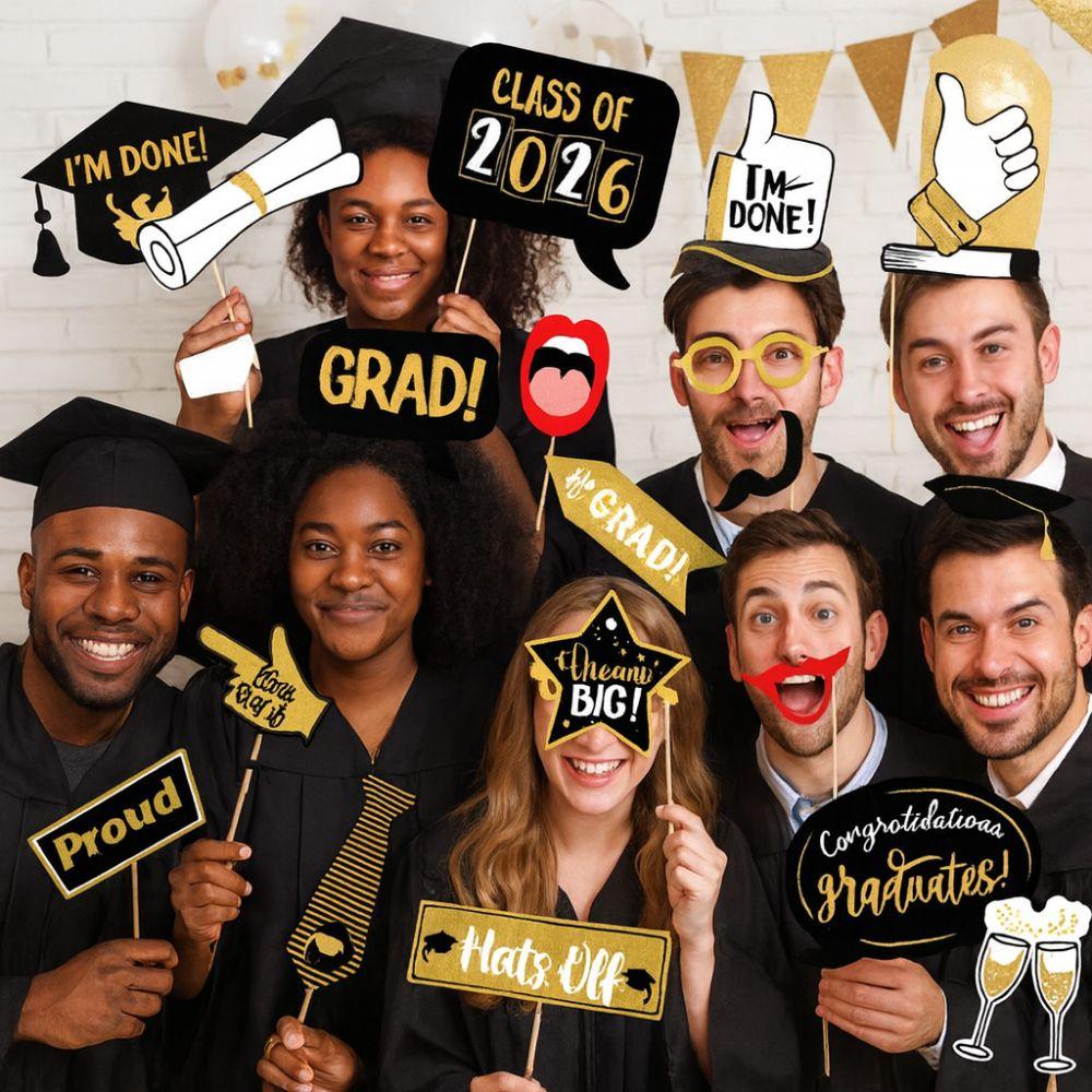 25pcs Congratulation Happy Graduation Decor Black Golden Graduation Cake Topper  Photo Booth