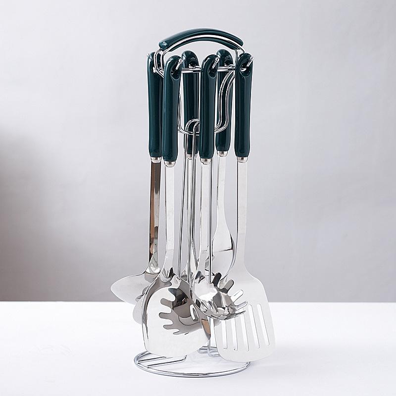 7Pcs Ceramic Handle Stainless Steel Cookware Set Soup Ladle Frying Spatula Colander Spoon Kitchen Accessories Cooking Tools