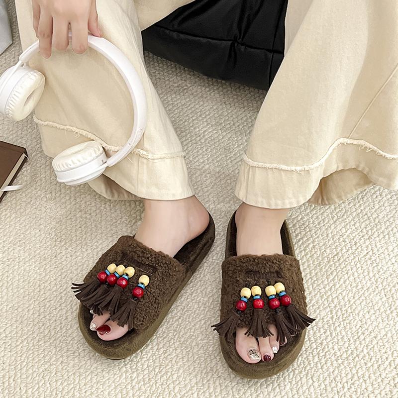 Fashion Fashion Slippers Home Non-Slip Flip Flops Outside Wear Cute Casual Tassel Fluffy Drag