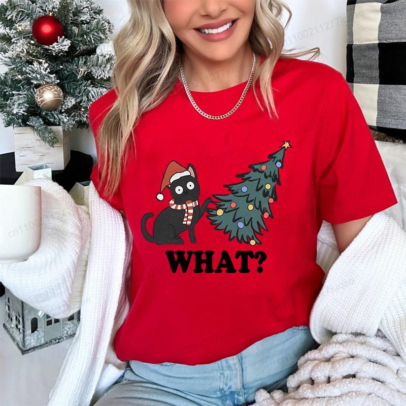 T Shirt for Women Christmas Black Cat Print T-shirt Girl Short Sleeve Crew Neck Casual Top for Xmas Party Women's Shirt Clothing