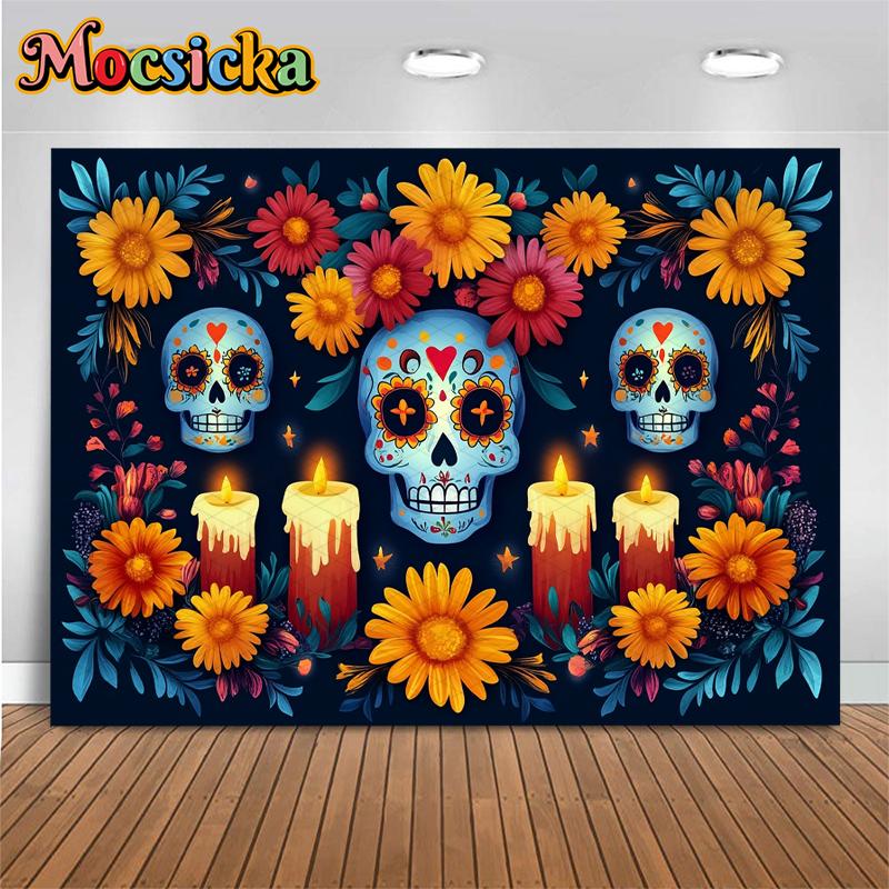 Mocsicka Day Of The Dead Background Photography Art Flower Skull Candle Death Festival Decoration Halloween Party Photo Backdrop