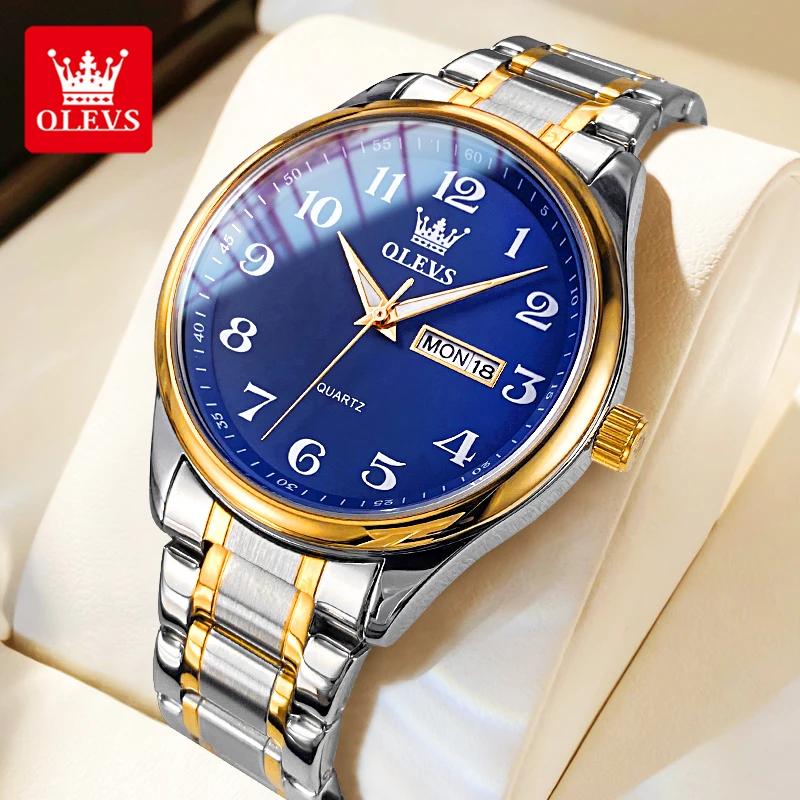 OLEVS Klassische Herrenuhren aus Edelstahl, wasserdicht, leuchtend, Doppelkalenderanzeige, Quarzuhr für Männer