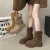 French thick heel round head suede pleated piled boots 2025 new autumn temperament fashionable and thin versatile short boots women
