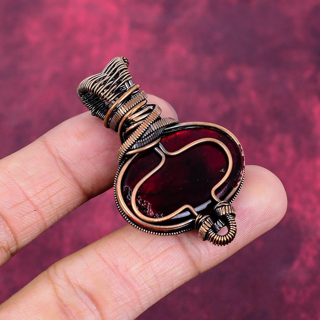 Red Fire Labradorite Pendant Rainbow Moonstone Copper Wire Wrapped Pendant