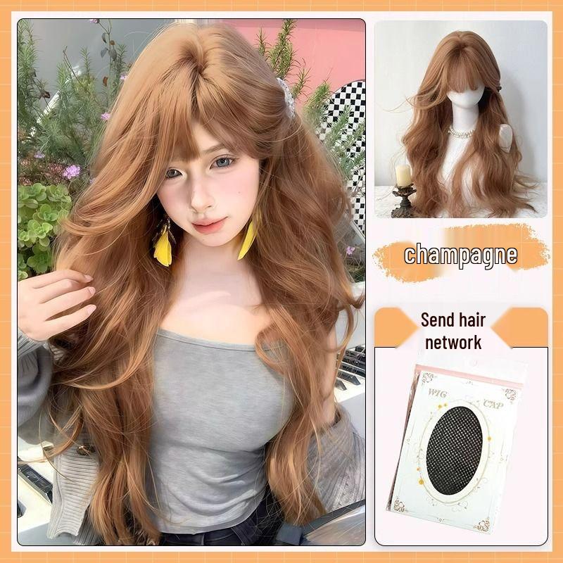 Champagne Color Long Curly Wig with Air Bangs - Korean Style for Women