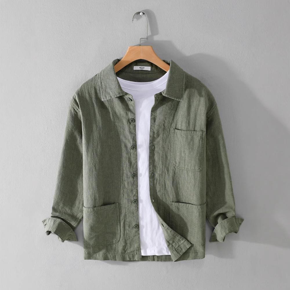 

Мужская хлопковая рубашка большого размера с китайским воротником-стойкой - Ретро рами, универсальная повседневная куртка свободного кроя однотонной расцветки. XL зелёный