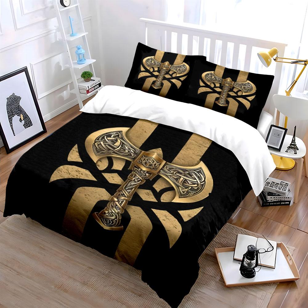 Golden Viking axe design. Bedding sets Duvet cover sets Duvet covers Pillowcases(1*Duvet Cover 2*Pillowcases without duvet insert)