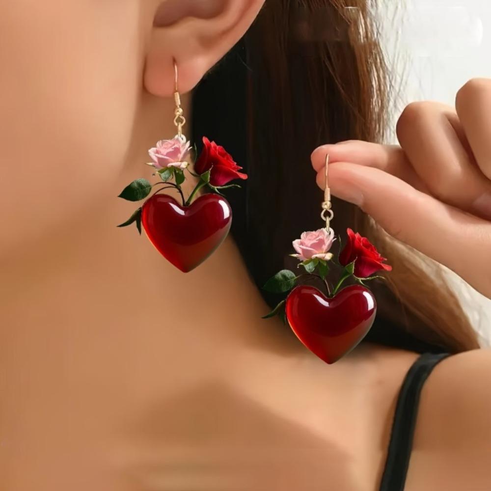 New Sweet Romantic Simulation Pink Red Rose Flowers Heart-shaped Acrylic Dangle Earrings for Women Valentine's Day Jewelry Gifts