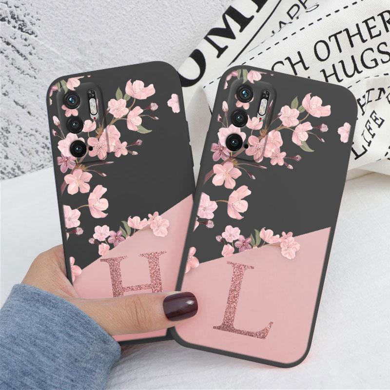 For Redmi Note 10 13 10T 5G Phone Case Pink Flowers Initial Letter A To Z Silicone Soft Back Cover Alphabet Couple Shell Coque