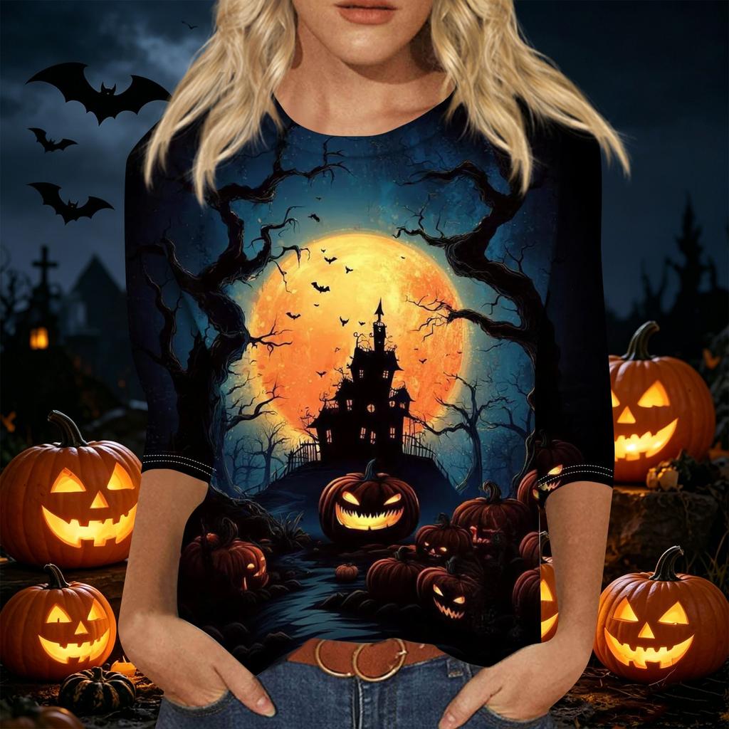 Women's Casual Halloween Printed T Shirt Fashion Round Neck Three Quarter Sleeve Top with Pumpkin Haunted House Design