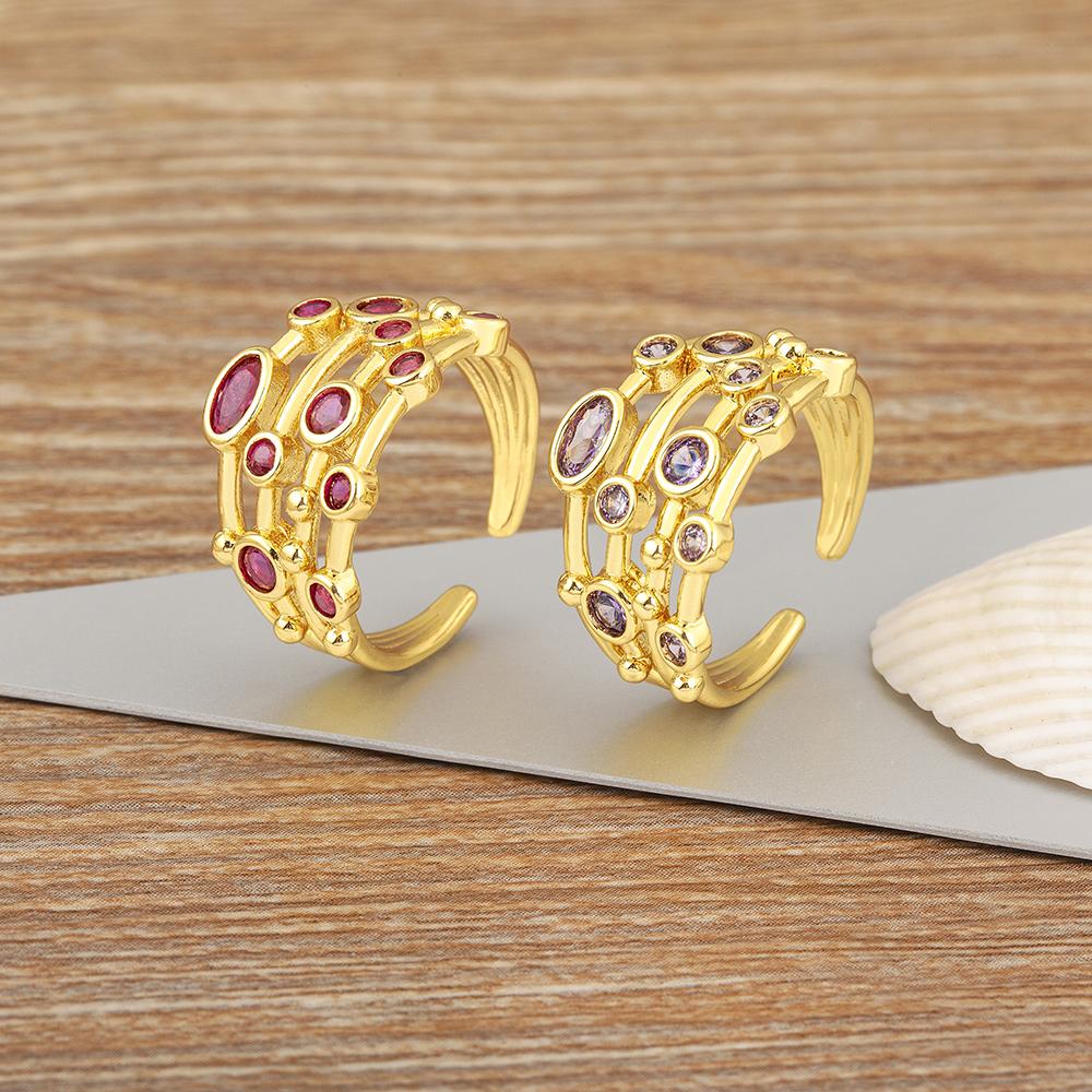 Nidin Four Layers Exquisite Simple Design Zircon Rose Red/Purple Color Open Rings Adjustable For Woman Wedding Party Luxury Gift