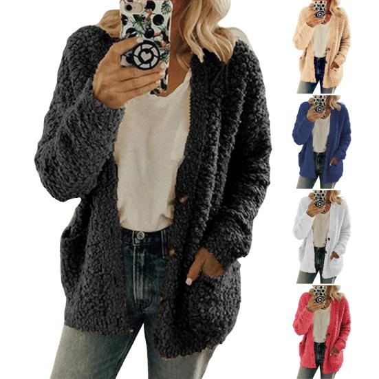 Women Sweater Coat Long Sleeve Collarless Knitting Jacket with Pockets Loose Fit Solid Color Tops Coat Autumn Winter Wear