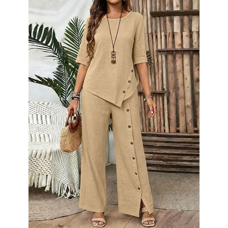 Women's new irregular hem trousers set, elegant fashion casual button loose two-piece set