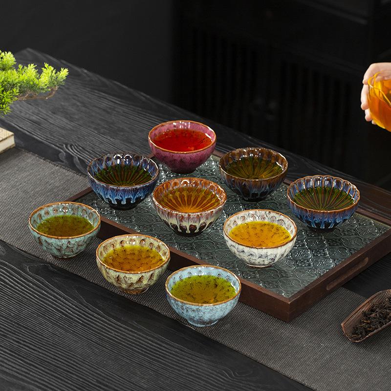 Kiln-Change Ceramic Tea Cup Set: Luxury Light Gift Box with Large Gongfu Tea Tasting Cups in Nine Colors