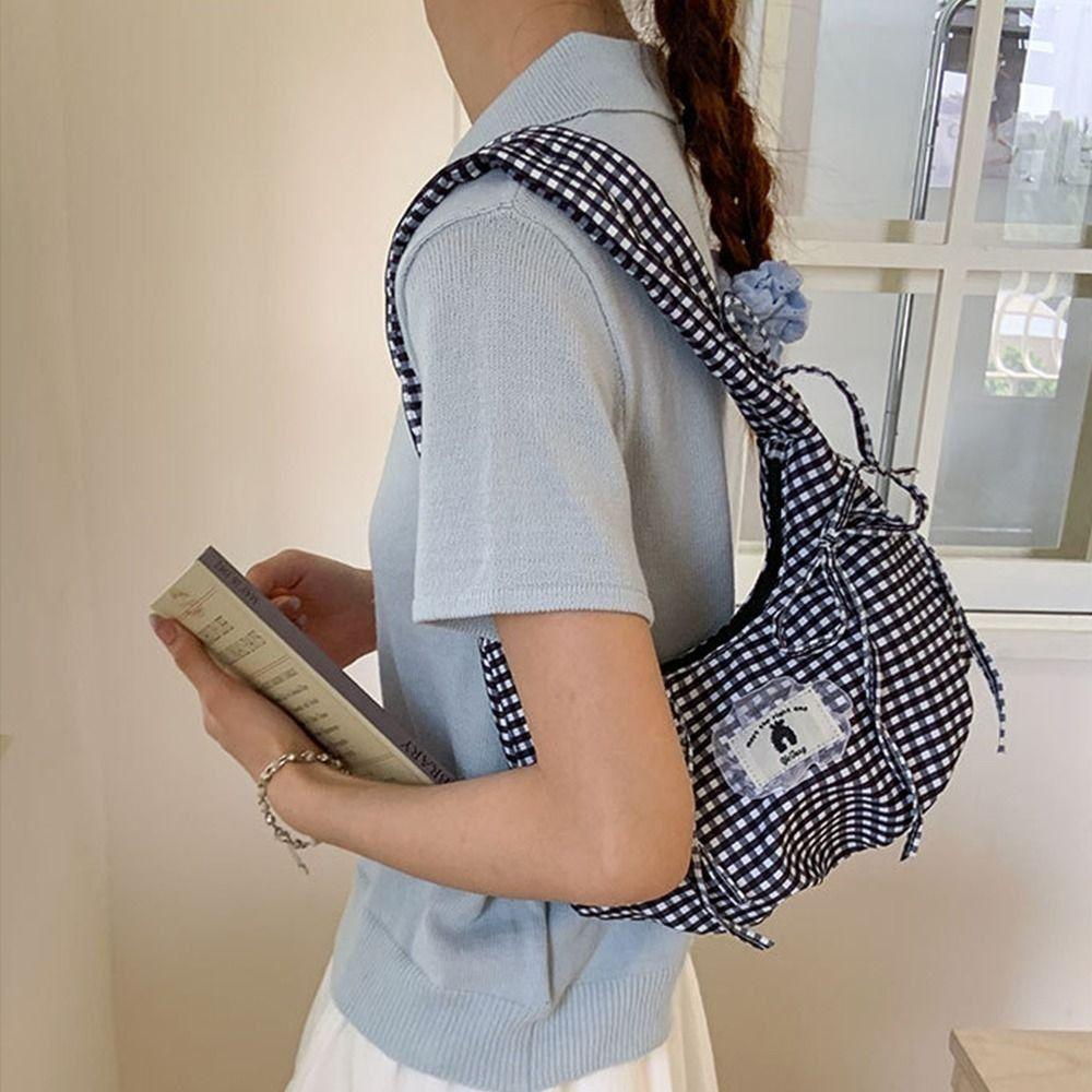 

Ruffles Bow Shoulder Bag Y2k Underarm Bag Fashion Plaid Armpit Bag Handbags чорний