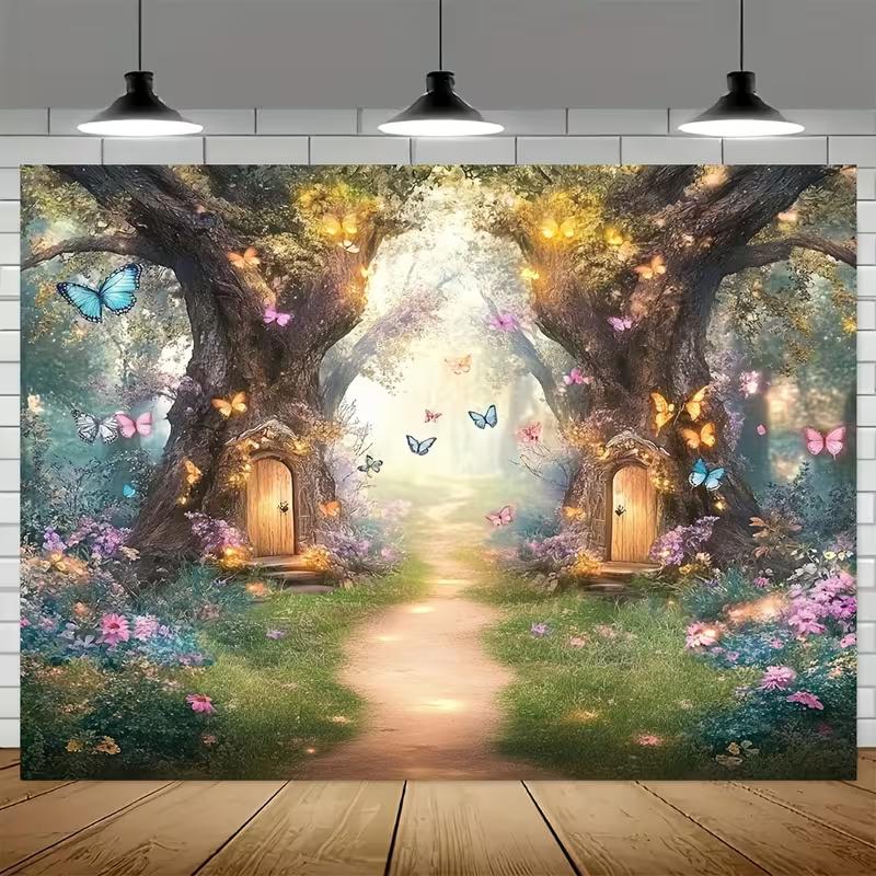 

2D Enchanted Forest Backdrop Fairy Tree Doors with Butterflies Photography Banner 47.2x31.5inch/120*80cm