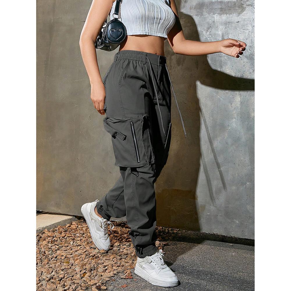 Pantalon Cargo Kaki Taille Haute pour Femme avec Cordon de Serrage et Multiples Poches