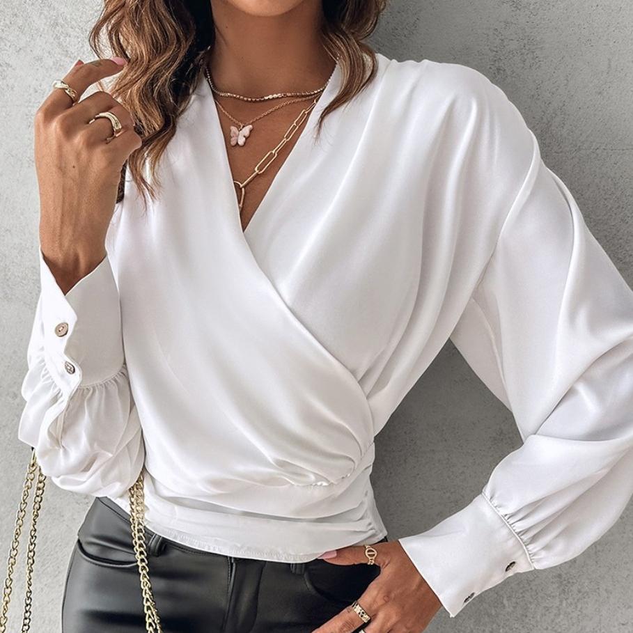 YYFS Women's Fashion Casual Fall Solid Color Print Long Sleeve V-Neck Blouses & Shirts Pullovers