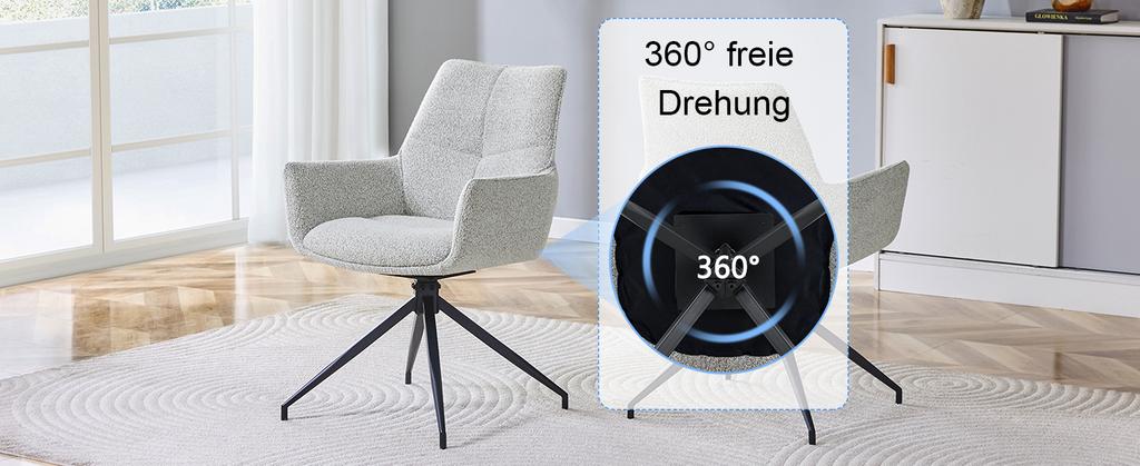 [Set of 2] European 360 degrees Swivel Upholstered Chair: Light Beige-Grey Fabric + Black Lacquered Metal Legs, Breathable and Comfortable