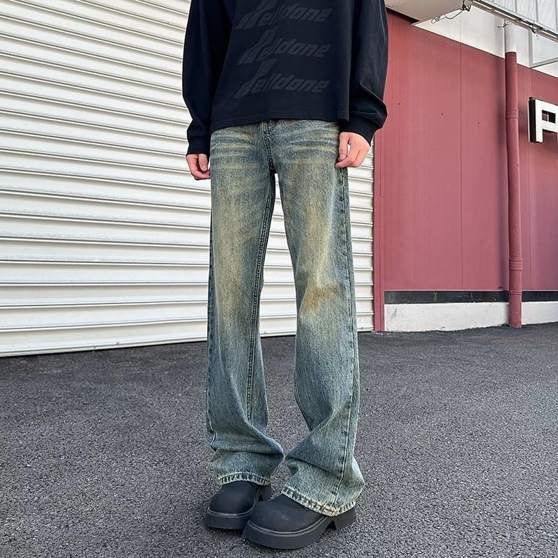 American high street micro-pull retro blue design jeans men's gradual change straight washed trousers hiphop do old trendy brand
