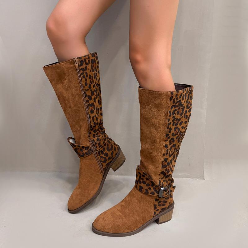 Fashion Leopard Spliced Metal Buckle High Boots Fashion Round Toe Suede Side Zipper Non-Slip Single Boots