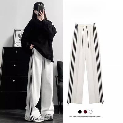 Women's White & Gray Striped Sports Pants, 2024: American-Style, Wide-Leg Sweatpants for Spring & Autumn