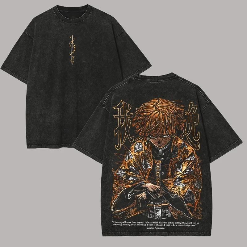 Anime Demon Slayer Agatsuma Zenitsu T-Shirt Herren Gewaschene Baumwolle Lässig Locker Harajuku Männlich Vintage T-Shirts Tops
