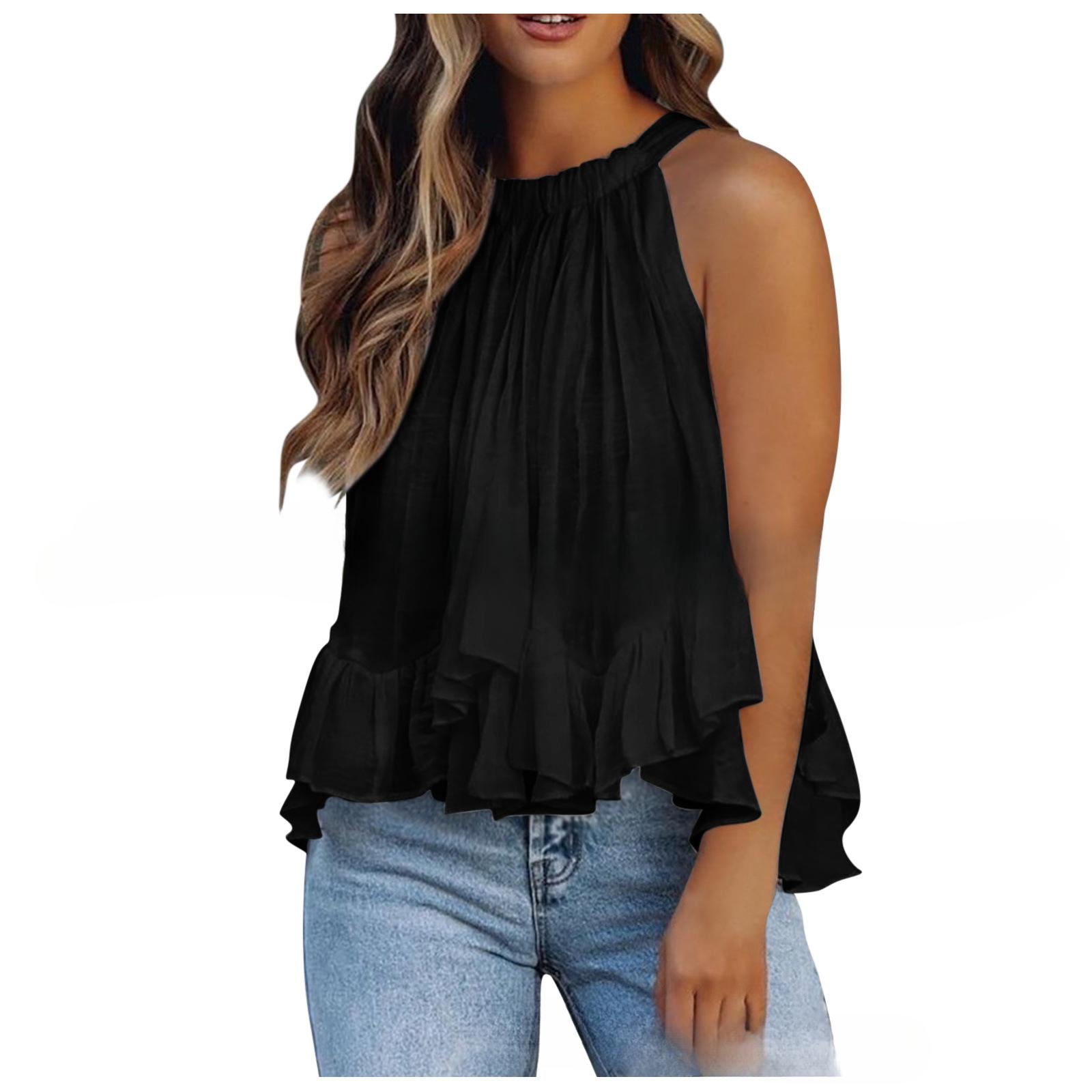 

Женская мода повседневная летняя весна однотонные принты без рукавов с висячим вырезом блузки и рубашки L чёрный