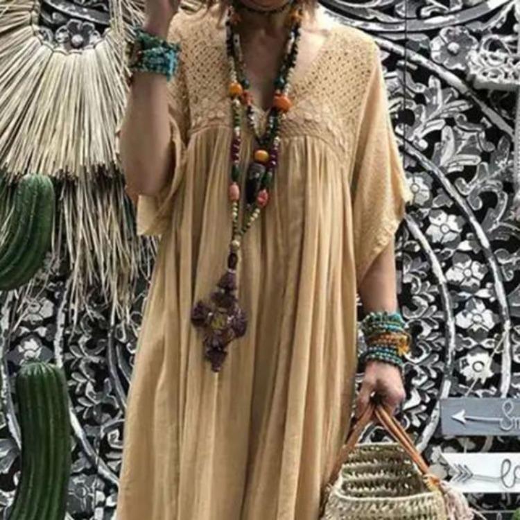 Summer Vintage Lace Crochet Maxi Dress Women Patchwork V Neck Horn Sleeves Loose Straight Pleated Soft Breathable Casual Daily Dress Solid Color