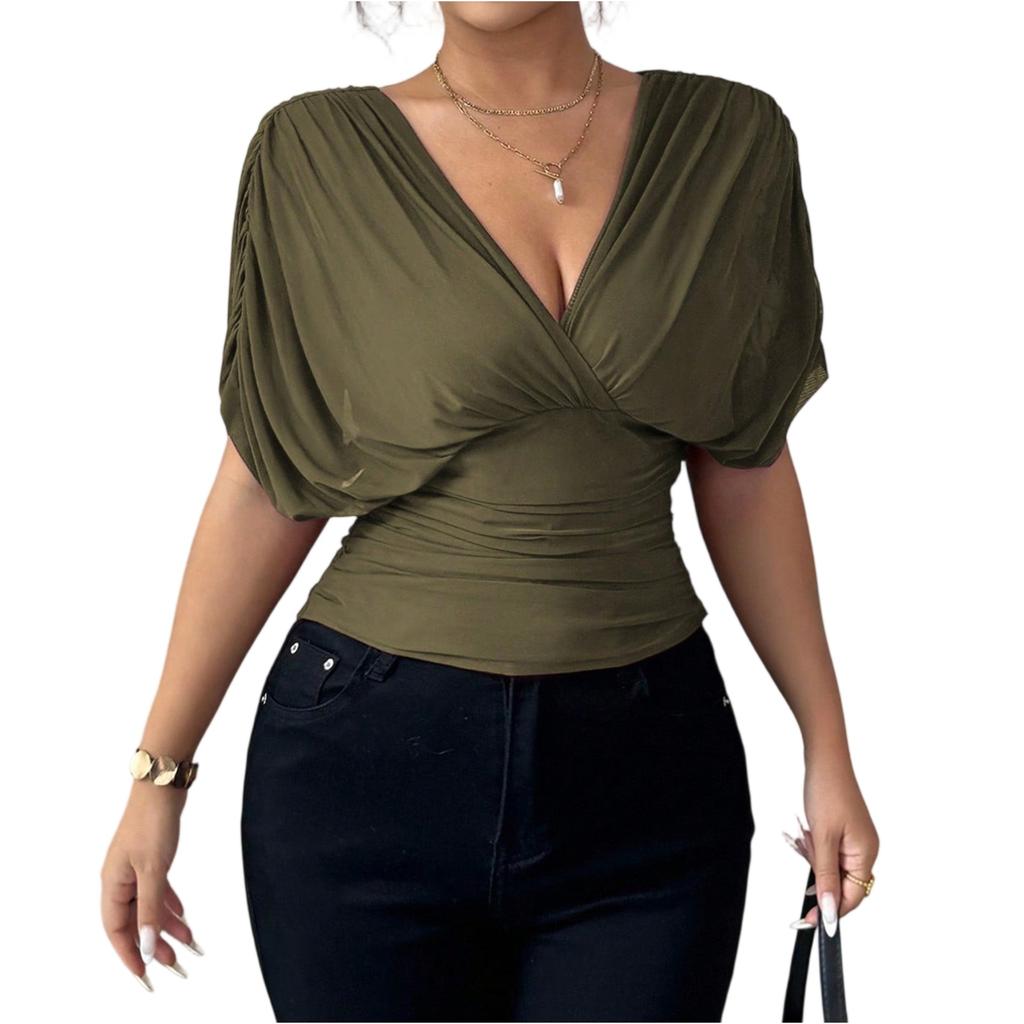 Moda Casual para Mujer Top de Cuello en V con Mangas Cortas tipo Ala y Cintura Ceñida