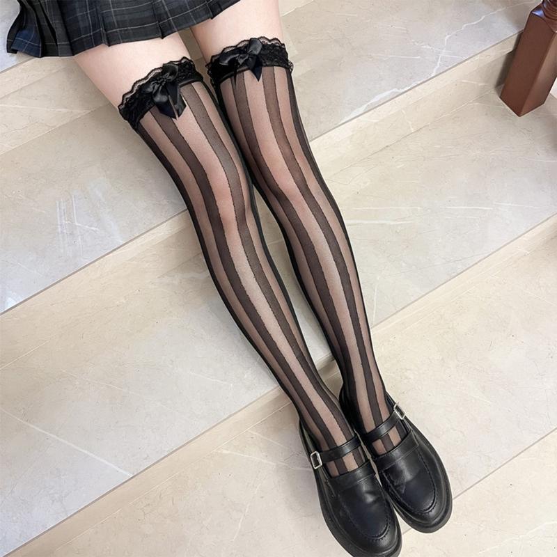 JK Women Sheer Silky Vertical Stripes Over Knee Long Socks with Cute Bowknot Japanese Lolita Leggings Thigh High Stockings