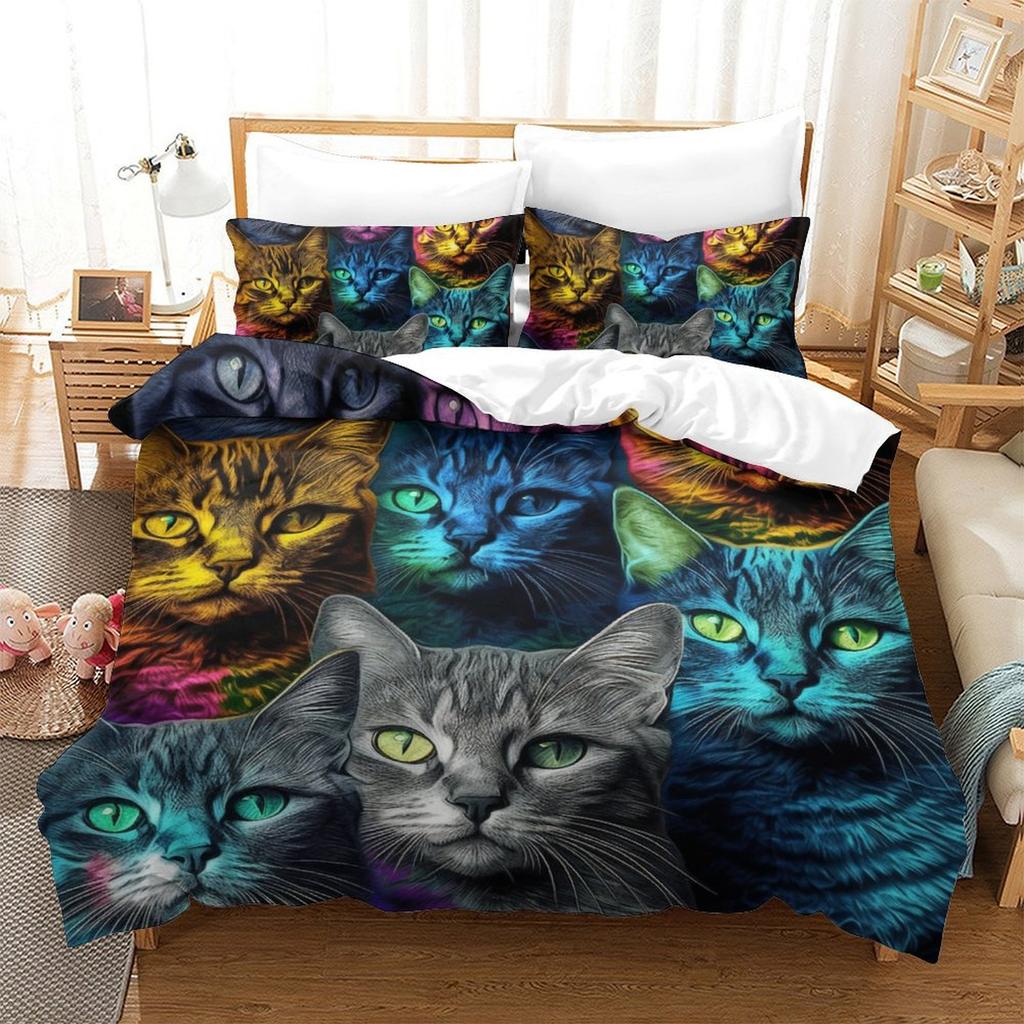 Colorful Cat 3D Digital Printing Polyester Quilt Cover Two Or Three Pieces Can Be