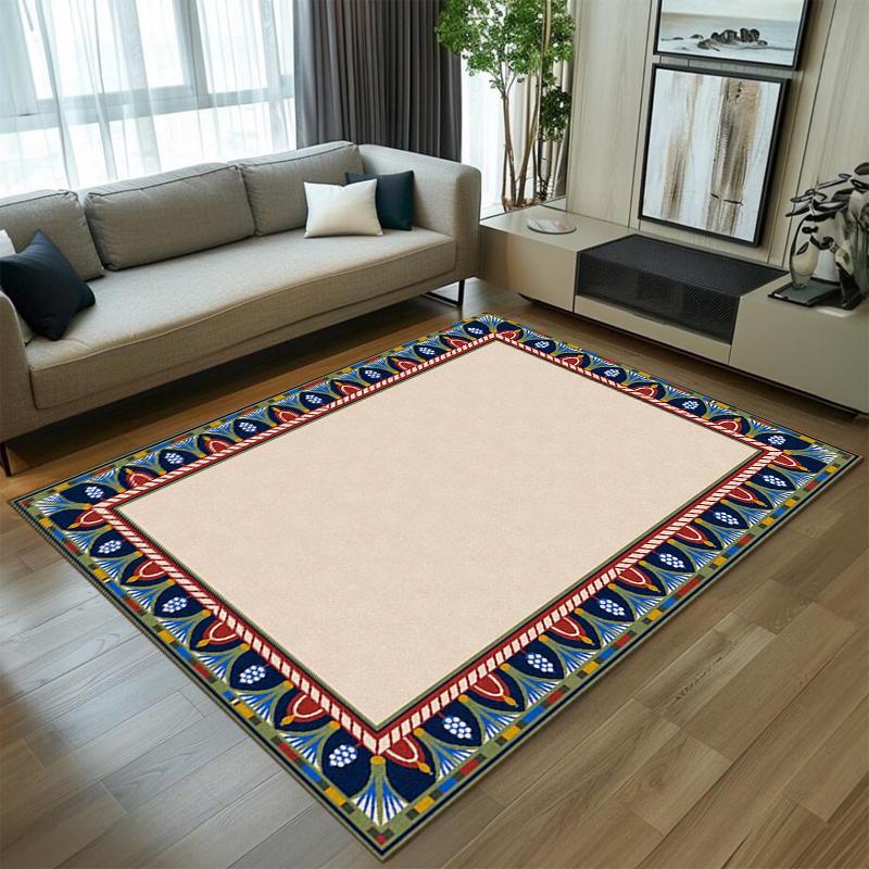 Ins Style Nordic Minimalist Floral Border Area Rug, Beige Colorful Boho Print Floor Mat, Non-Slip Living Room Carpet Bedroom