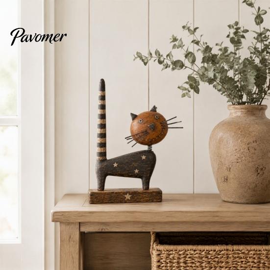 Vintage Style Home Accents Rustic Wooden Cat Ornament with Spring Shaking Head for Farmhouse Tabletop Wood Art Decor, Handcrafted Retro Folk
