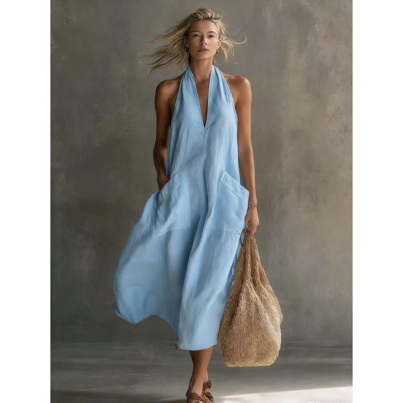 QICED Abiti casual da donna alla moda per estate e primavera, tinta unita, stampa, scollo a V, senza maniche